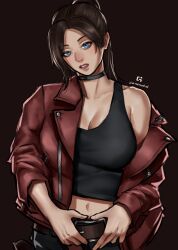  absurdres any_emu_7725 artist_logo asymmetrical_sidelocks bare_shoulders belt black_choker black_pants black_tank_top blue_eyes breasts brown_background brown_belt brown_hair choker claire_redfield cleavage collarbone commentary female hand_on_belt head_tilt high_ponytail highres jacket jacket_partially_removed large_breasts leather leather_jacket lips lipstick logo long_hair long_sleeves looking_at_viewer makeup midriff navel open_clothes open_jacket pants parted_lips ponytail red_jacket red_lips resident_evil resident_evil_-_code:_veronica resident_evil_veronica sidelocks signature simple_background single_bare_shoulder solo tank_top twitter_username upper_body zipper 