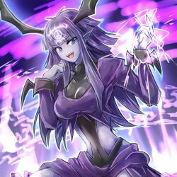 black_leotard breasts clothing_cutout commentary_request dashinoya duel_monster female fortune_lady_dark head_wings leotard long_hair looking_at_viewer midriff open_mouth pointy_ears purple_eyes purple_hair smile stomach_cutout wings yu-gi-oh! 