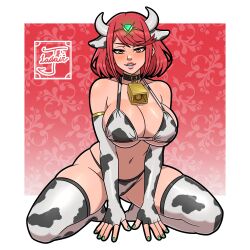  absurdres animal_ears animal_print artist_logo bell bikini blush breasts cleavage cow_ears cow_horns cow_print cow_print_bikini cow_print_gloves cow_print_thighhighs cowbell elbow_gloves fake_animal_ears fake_horns female gloves groin highres horns jayladair large_breasts lips logo looking_at_viewer medium_hair navel neck_bell open_mouth orange_eyes print_bikini print_gloves print_thighhighs pyra_(xenoblade) shadow smile solo stomach swimsuit thighhighs xenoblade_chronicles_(series) xenoblade_chronicles_2 