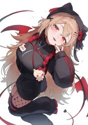  absurdres animal_ear_headwear black_hat black_leg_warmers black_skirt black_tail breasts brown_hair character_name commentary deho_toiimasu demon_girl demon_tail demon_wings female fishnet_pantyhose fishnets furen_e_lustario gradient_tail hair_between_eyes hair_ornament hairclip hat highres jacket large_breasts leg_warmers light_blush long_hair long_sleeves looking_at_viewer miniskirt nail_polish nijisanji official_alternate_costume pantyhose red_eyes red_nails red_tail red_wings simple_background skirt sleeves_past_wrists solo striped_clothes striped_jacket tail tongue tongue_out track_jacket untranslatable_commentary v very_long_hair virtual_youtuber white_background wings x_hair_ornament 