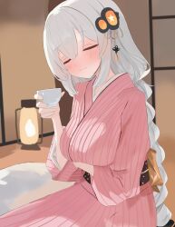  absurdres arm_under_breasts blush braid braided_ponytail breasts closed_eyes closed_mouth commentary_request cup dot_nose female futon grey_hair hair_ornament highres holding holding_cup indoors japanese_clothes kimono kizuna_akari laceys_es lantern large_breasts long_hair obi pink_kimono sash sitting solo very_long_hair voiceroid 
