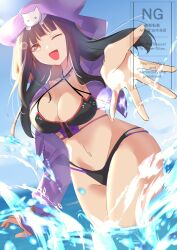  absurdres asakura_karen_(heaven_burns_red) asakura_karen_(summertide_shark_the_ripper)_(heaven_burns_red) beach bikini black_hair breasts commentary_request dmc_tales2006 female heaven_burns_red highres hood hooded_jacket jacket large_breasts long_hair ocean one_eye_closed open_clothes open_jacket open_mouth orange_eyes reaching reaching_towards_viewer swimsuit water 