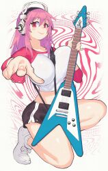  between_breasts black_shorts blush breast_press breasts closed_mouth commentary crop_top cropped_shirt dolphin_shorts electric_guitar female foreshortening full_body gibson_flying_v guitar highres holding holding_guitar holding_instrument holding_plectrum inkerton-kun instrument large_breasts long_hair looking_at_viewer nitroplus outstretched_hand perspective pink_hair plectrum pointing pointing_at_viewer raglan_sleeves red_eyes shoes short_shorts short_sleeves shorts smile sneakers socks solo strap_between_breasts super_sonico swirl white_shoes white_socks 