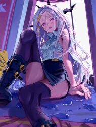  ahoge blue_archive blush breasts commentary_request demon_girl demon_horns demon_wings female gloves hair_ornament hairclip halo highres hina_(blue_archive) horns long_hair looking_at_viewer masute multiple_horns parted_bangs purple_eyes shoes slippery_when_wet_sign small_breasts solo very_long_hair white_hair wings 