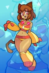  absurdres animal_ears artist_name bikini body_fur breasts brown_fur brown_hair cat_ears cat_girl cat_tail cleavage female furry furry_female gameoverse highres jamoart kit_bodega medium_breasts navel official_alternate_costume open_mouth short_hair smile solo swimsuit tail yellow_bikini yellow_gauntlets zoom_layer 