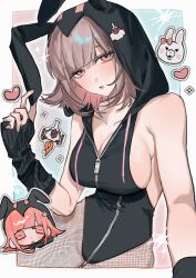  :o absurdres bare_shoulders black_leotard blush breasts brown_hair collarbone commentary_request danganronpa_(series) danganronpa_2:_goodbye_despair detached_sleeves female fishnet_pantyhose fishnets heart highres hood hood_up hooded_leotard large_breasts leotard medium_hair nanami_chiaki pantyhose pink_eyes ubugoe_0055 usami_(danganronpa) 