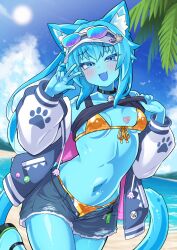  :d animal_ears beach bikini bikini_bottom_under_shorts bikini_under_clothes black_sports_bra blue_eyes blue_hair blue_skin blush breasts cat_ears cat_girl cat_tail clothes_lift collar collarbone colored_skin commentary_request cowboy_shot crop_top cutoffs day denim denim_shorts eyewear_on_headwear female front-tie_bikini_top front-tie_top gold_bikini high_ponytail highres jacket jacket_partially_removed long_hair long_sleeves looking_at_viewer monster_girl navel oerba_yun_fang open_clothes open_fly open_jacket open_mouth original outdoors ponytail short_shorts shorts slime_girl slime_kemomimi_(ug_(nekonekodou)) small_breasts smile solo sports_bra sports_bra_lift swimsuit tail textless_version ug_(nekonekodou) v variant_set visor_cap 