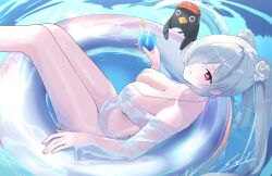  absurdres afloat bare_shoulders bikini bird blush breasts cinderella_(crystal_wave)_(nikke) cinderella_(nikke) cleavage cup eienart female flower goddess_of_victory:_nikke hair_over_one_eye heart heart_in_eye highres holding holding_cup innertube large_breasts long_hair long_sleeves looking_at_viewer navel official_alternate_costume on_innertube outdoors penguin penguin_squad_(nikke) red_eyes red_visor_cap sarong see-through_clothes see-through_shirt shirt slingshot_swimsuit smile stomach swim_ring swimsuit symbol_in_eye twintails very_long_hair water wet wet_clothes wet_shirt white_bikini white_hair white_sarong 