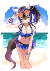  absurdres animal_ears bare_shoulders beach bikini bikini_skirt blue_bikini blue_hair blue_sky blush bracelet breasts brown_hair cleavage cloud collarbone commentary daitaku_helios_(umamusume) ear_covers eyewear_on_head facial_tattoo female grin hair_between_eyes hair_ornament hairclip highres horse_ears horse_girl horse_tail jewelry long_hair looking_at_viewer medium_breasts multicolored_hair multiple_bracelets ocean open_mouth orange-tinted_eyewear round_eyewear side_ponytail sky smile solo star_(symbol) star_hair_ornament streaked_hair sunglasses swimsuit tail tattoo teeth tinted_eyewear tsurubami_(gaad5227) umamusume water yellow_eyes 