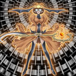  anonymous_(yu-gi-oh!) black_leotard boots brown_hair clothing_cutout duel_monster female fortune_lady_earth glasses head_wings holding holding_staff leotard midriff official_art pointy_ears showgirl_skirt staff stomach_cutout thigh_boots third-party_source wings yu-gi-oh! 
