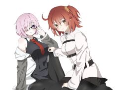  artist_request breasts chaldea_logo commentary_request fate/grand_order fate_(series) fujimaru_ritsuka_(female) hair_over_one_eye hand_on_another's_knee highres korean_commentary large_breasts long_sleeves looking_at_viewer mash_kyrielight necktie orange_hair pantyhose pink_hair red_necktie scrunchie second-party_source seiza simple_background single_bare_shoulder single_off_shoulder sitting white_background wing_collar 