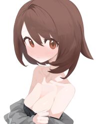  absurdres alternate_breast_size_(larger) bare_shoulders black_tube_top blush bob_cut breasts brown_eyes brown_hair cleavage closed_mouth clothes_down collarbone commentary_request eyelashes female gloria_(pokemon) grey_jacket hair_between_eyes highres jacket laceys_es looking_at_viewer medium_breasts pokemon pokemon_sword_and_shield short_hair simple_background solo strapless tube_top upper_body wavy_mouth white_background 