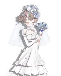  absurdres bare_shoulders blush bouquet breasts bridal_gauntlets bridal_veil brown_hair choker cleavage closed_eyes closed_mouth commentary_request cowboy_shot custardbread991 double_bun dress flower frilled_choker frills green_hair hair_bun hair_flower hair_ornament hamkubby highres holding holding_bouquet horns korean_commentary listella medium_breasts multicolored_hair short_hair smile streaked_hair veil wedding_dress white_bridal_gauntlets white_dress 