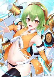  ahoge amamiya_kure black_panties black_thighhighs blue_background blush bow bowtie chunithm collared_shirt commentary_request cowboy_shot detached_sleeves female flat_chest headgear highres huge_ahoge looking_at_viewer navel no_pants open_mouth orange_eyes orange_shirt orange_sleeves paid_reward_available panties rigging shirt short_hair sky_feather_(chunithm) smile solo thighhighs underwear white_bow white_bowtie 