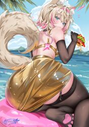  ! absurdres alternate_costume animal_collar animal_ear_fluff animal_ears ass back bandaid bandaid_hair_ornament beach bikini blonde_hair blue_eyes breasts burger closed_mouth collar commentary day dog_ears dog_girl dog_tail elbow_gloves english_commentary fake_horns female food foreshortening from_behind garter_straps gloves gold_skirt hair_intakes hair_ornament hairband highres holding holding_food hololive hololive_english horn_hairband horns krashena looking_at_viewer median_furrow medium_hair mococo_abyssgard multicolored_hair ocean oerba_yun_fang outdoors palm_tree paw_print_soles pink_hair pink_hairband pink_streaks sitting skin_fang solo spiked_collar spikes streaked_hair swimsuit tail thighhighs tree virtual_youtuber water yokozuwari 