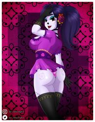  1girls ass big_ass big_breasts black_hair bodypaint breasts catalina_la_catrina dia_de_los_muertos eyeshadow female female_only gloves hair_flower long_hair minidress oppai panties ponytail purple_body purple_eyes purple_skin rcolorsex stockings yellow_sclera 