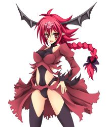  black_leotard boots braid braided_ponytail breasts cameltoe clothing_cutout commentary_request duel_monster facial_mark female fortune_lady_fire hand_on_own_hip head_wings leotard long_hair looking_at_viewer midriff mosui_(kori_can) pointy_ears red_eyes red_hair showgirl_skirt simple_background stomach_cutout thigh_boots white_background wings yu-gi-oh! 
