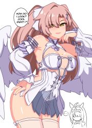  ... 2girls absurdres animal_ears bare_shoulders breasts bridal_gauntlets commentary cosplay cowboy_shot detached_sleeves dress english_commentary english_text green_eyes hair_ornament hair_over_one_eye hairclip hand_on_own_cheek hand_on_own_face hand_on_own_hip highres horse_ears horse_girl large_breasts long_hair looking_at_viewer mole mole_on_breast mole_under_eye multiple_girls nail_polish nicole_demara open_mouth pink_hair remielle_dan remielle_dan_(cosplay) shikniful sigrid_de_l'azur simple_background speech_bubble spoken_ellipsis thighhighs white_background white_bridal_gauntlets white_dress white_thighhighs white_wings wings zenless_zone_zero 