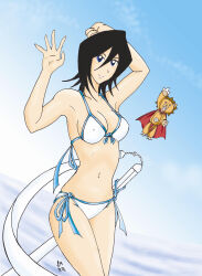  1other absurdres bikini black_hair bleach blue_bikini breasts cape cloud cloudy_sky collarbone covered_nipples female flying hair_between_eyes hand_on_own_head highres kanuky kon_(bleach) kuchiki_rukia large_breasts lips looking_at_viewer medium_hair outdoors purple_eyes red_cape salute signature sky smile swimsuit white_bikini 