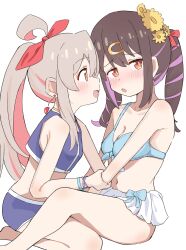  2girls :d absurdres ahoge bare_arms bare_legs bare_shoulders barefoot bikini black_hair blue_bikini blush bow breasts brown_eyes collarbone commentary earrings flower front-tie_bikini_top front-tie_top grey_hair hair_flower hair_ornament hairbow hairclip highres holding_another's_arm jewelry looking_at_viewer medium_breasts multicolored_hair multiple_girls navel onii-chan_wa_oshimai! open_mouth oyama_mahiro oyama_mihari pink_hair ponytail profile purple_hair red_bow riannn_desu siblings simple_background sisters sitting smile swimsuit twintails two-tone_hair white_background yuri 