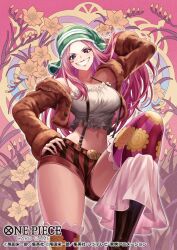  breasts brown_jacket cheek_piercing commentary_request copyright_logo copyright_name copyright_notice crop_top cropped_jacket face_piercing feet_out_of_frame female floral_background fur-trimmed_jacket fur_trim green_hat grin hand_on_own_hip hat jacket jewelry_bonney large_breasts logo long_hair long_sleeves looking_at_viewer official_art one_piece one_piece_card_game open_clothes open_jacket piercing pink_hair red_lips ribbed_shorts rokushiro_koushi shorts smile solo suspenders thighhighs 