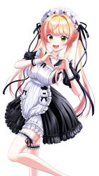  absurdres apron aw_works703 black_dress black_ribbon blonde_hair blush breasts commentary_request dress female frilled_apron frilled_thigh_strap frills gradient_hair green_eyes hair_ribbon heart heart_hands highres hololive in_pocket long_hair looking_at_viewer maid maid_apron maid_headdress momosuzu_nene momosuzu_nene_(maid) multicolored_hair nail_polish nekko_(momosuzu_nene) oerba_yun_fang official_alternate_costume official_alternate_hairstyle open_mouth pink_hair pink_nails pink_streaks puffy_sleeves ribbon short_sleeves sidelocks smile solo standing standing_on_one_leg streaked_hair swept_bangs teeth thigh_strap twintails upper_teeth_only very_long_hair virtual_youtuber white_apron 