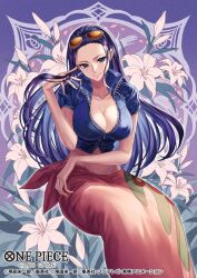  black_hair blue_jacket breasts cleavage closed_mouth collarbone commentary_request copyright_logo copyright_name copyright_notice eyewear_on_head feet_out_of_frame female floral_background flower forehead jacket large_breasts logo long_hair looking_at_viewer nico_robin official_art one_piece one_piece_card_game petals pink_flower pink_petals pink_sarong rokushiro_koushi sarong short_sleeves solo sunglasses 