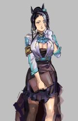  animal_ears aqua_ascot ascot black_hair black_thighhighs blue_ascot blush breasts cleavage clocklfishmaste commentary english_commentary female gloves hair_bun highres holding horse_ears horse_girl large_breasts long_sleeves looking_at_viewer mejiro_ramonu_(onyx_line)_(umamusume) mejiro_ramonu_(umamusume) multicolored_hair parted_lips purple_eyes simple_background single_glove single_thighhigh solo streaked_hair striped_hair thighhighs umamusume white_gloves white_hair 
