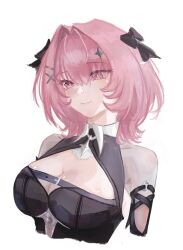  absurdres black_bow black_dress black_shrug bow breasts chest_belt cleavage commentary cropped_torso dress female hair_intakes hairbow highres irohaqt large_breasts medium_hair multiple_hair_bows pink_hair pointy_ears remielle_dan shrug_(clothing) simple_background smile solo white_background zenless_zone_zero 