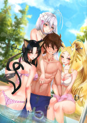  1boy 3girls animal_ears antenna_hair black_hair blonde_hair blush breasts brown_hair cat_ears cat_girl cat_tail commentary commission english_commentary fox_ears fox_girl fox_tail grey_hair hair_between_eyes hair_ornament high_school_dxd hyoudou_issei kitsune kuroka_(high_school_dxd) large_breasts long_hair minxeiart multiple_girls multiple_tails nekomata open_mouth orange_eyes rossweisse short_eyebrows short_hair signature smile straight tail thick_eyebrows very_long_hair yasaka_(high_school_dxd) yellow_eyes 