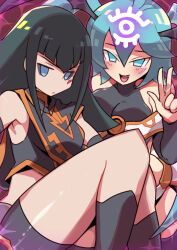  2girls aqua_eyes aqua_hair ayumi_t black_hair black_sclera blush carly_nagisa colored_sclera commentary_request duel_monster fortune_lady_every head_wings long_hair midriff multiple_girls oerba_yun_fang open_mouth smile twintails wings yu-gi-oh! yu-gi-oh!_5d's 