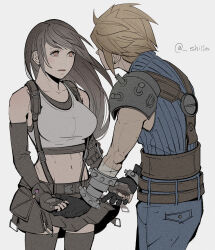  1boy armor bare_shoulders belt black_gloves black_hair black_skirt black_sports_bra black_thighhighs blonde_hair blue_pants blue_sweater blush bracelet breasts cloud_strife collarbone commentary_request couple cowboy_shot crop_top earrings elbow_gloves female final_fantasy final_fantasy_vii final_fantasy_vii_remake fingerless_gloves gloves grey_background holding_hands jewelry large_breasts long_hair looking_at_another materia midriff miniskirt multiple_belts navel pants parted_lips red_eyes ribbed_sweater shillo short_hair shoulder_armor skirt sleeveless sleeveless_turtleneck spiked_hair sports_bra straight stud_earrings suspender_skirt suspenders sweater tank_top thighhighs tifa_lockhart toned toned_female turtleneck turtleneck_sweater twitter_username white_tank_top zettai_ryouiki 