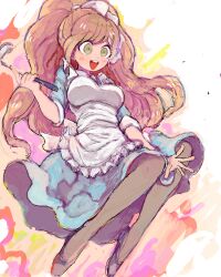  :d apron back_bow bad_drawr_id bad_id black_shoes blue_dress blush bow breasts brown_hair danganronpa_(series) danganronpa_3_(anime) dress female flats frilled_apron frills full_body gnsi green_eyes grey_pantyhose hair_ribbon high_ponytail holding impossible_clothes large_breasts long_hair maid_apron open_mouth pantyhose ponytail ribbon shoes smile solo teeth upper_teeth_only white_apron white_background wide_ponytail yukizome_chisa 