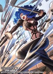  black_pants blue_hair breasts cleavage commentary_request copyright_logo copyright_name copyright_notice cropped_jacket curly_hair devil_fruit_power feet_out_of_frame female fighting_stance fur-trimmed_jacket fur_trim jacket large_breasts logo long_hair o-ring official_art one_piece one_piece_card_game open_mouth pants paula_(one_piece) pink_lips rokushiro_koushi solo 