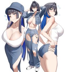  alternate_costume arms_behind_head ass black_hair blue_eyes blush breasts cleavage collarbone commentary cropped_jacket curvy denim english_commentary female hat highres hololive hololive_english huge_breasts jeans long_hair looking_at_viewer micro_shorts multiple_views ouro_kronii pants shirt shoes shorts simple_background skirt thighs torn_clothes torn_jeans torn_pants virtual_youtuber white_background white_shirt white_shoes zenya 
