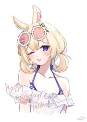  :p ;p absurdres animal_ears bikini blonde_hair blue_bikini blue_eyes blush bow commentary dress english_commentary eyewear_on_head female folded_twintails hairbow highres indie_virtual_youtuber looking_at_viewer manaryuujin one_eye_closed pink-tinted_eyewear rabbit_ears rabbit_girl solo sundress sunglasses swimsuit tinted_eyewear tongue tongue_out virtual_youtuber white_background white_dress yenko_(vtuber) 
