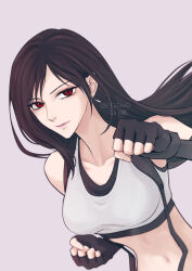  bare_shoulders black_gloves black_hair black_sports_bra breasts clenched_hands closed_mouth collarbone commentary crop_top earrings female fighting_stance final_fantasy final_fantasy_vii final_fantasy_vii_remake fingerless_gloves floating_hair gloves jewelry large_breasts lips long_hair looking_at_viewer midriff parted_lips pink_background pink_lips red_eyes roco_pic solo sports_bra suspenders tank_top teardrop_earrings tifa_lockhart twitter_username untranslatable_commentary upper_body white_tank_top 