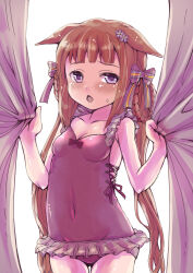  animal_ears blunt_bangs blush bow braid braided_hair_rings breasts brown_hair cello commentary_request covered_navel cowboy_shot curtain_grab curtains ears_down female flower frilled_one-piece_swimsuit frills hair_flower hair_ornament hair_rings hairbow highres horse_ears horse_girl instrument long_hair looking_at_viewer miki123 one-piece_swimsuit open_mouth purple_bow purple_eyes purple_flower purple_one-piece_swimsuit small_breasts solo sweep_tosho_(it's_all_mine!)_(umamusume) sweep_tosho_(umamusume) swimsuit twintails umamusume white_background 
