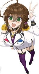  ahoge belt black_belt black_boots black_choker blush boots bra breast_pocket breasts brown_hair chamumi_(mochiumee) choker cleavage commentary_request detached_sleeves epaulettes female female_admiral_(kancolle) fingerless_gloves folded_ponytail gloves green_eyes hair_between_eyes hand_on_own_hip highres jacket kantai_collection large_breasts leaning_forward looking_at_viewer military_uniform mole mole_on_breast mole_on_thigh mole_under_mouth pocket purple_bra purple_thighhighs sidelocks skirt thighhighs underwear v white_gloves white_jacket white_skirt white_sleeves 