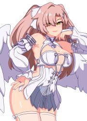  absurdres bare_shoulders breasts bridal_gauntlets commentary cosplay cowboy_shot detached_sleeves dress english_commentary female green_eyes hair_ornament hair_over_one_eye hairclip hand_on_own_cheek hand_on_own_face hand_on_own_hip highres large_breasts long_hair looking_at_viewer mole mole_on_breast mole_under_eye nail_polish nicole_demara open_mouth pink_hair remielle_dan remielle_dan_(cosplay) shikniful simple_background solo textless_version thighhighs white_background white_bridal_gauntlets white_dress white_thighhighs white_wings wings zenless_zone_zero 