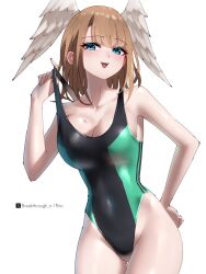  :3 alternate_costume blue_eyes blush breast_tattoo breasts brown_hair cleavage commentary competition_swimsuit eunie_(xenoblade) female hand_on_own_hip head_wings highres large_breasts long_hair looking_at_viewer one-piece_swimsuit riro_(breakthrough_rr) solo swimsuit tattoo thighs white_background white_wings wings xenoblade_chronicles_(series) xenoblade_chronicles_3 