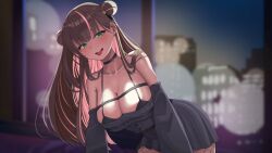  absurdres black_bra black_choker black_dress blurry blurry_background bra breasts brown_hair cat_hair_ornament choker city collarbone commentary detached_sleeves double_bun dress english_commentary female green_eyes hair_bun hair_ornament hanamori_healthy highres indie_virtual_youtuber large_breasts long_hair looking_at_viewer multicolored_hair night pink_hair poolpool revision sidelocks skyline smile solo teeth tongue tongue_out two-tone_hair underwear upper_teeth_only virtual_youtuber 