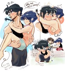  1boy 2girls a_uroraxd black_hair black_tank_top blue_eyes blue_hair blue_shorts blush braid breasts brown_hair carrying chibi closed_mouth commentary_request english_text flying_sweatdrops frown hand_on_another's_back hand_on_another's_shoulder hand_on_another's_thigh heart highres kissing kissing_cheek multiple_girls pink_tank_top princess_carry ranma_1/2 saotome_ranma saotome_ranma_(male) short_hair shorts siblings single_braid sisters smile spanish_commentary speech_bubble straight sweatdrop tank_top tendou_akane tendou_nabiki tsundere 