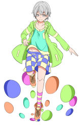  1boy aqua_shirt baggy_shorts checkered_clothes checkered_shorts closed_mouth commentary_request cross-laced_shoes foot_up_heel_up full_body green_jacket grey_eyes grey_hair groin hair_between_eyes invisible_floor jacket kneehighs lank long_sleeves male_focus midriff_peek open_clothes open_jacket orange_shoes outstretched_arm shirt shoes short_hair shorts sidelocks smile socks solo split_mouth straight-on striped_clothes striped_socks totsuka_saika trap walking white_background yahari_ore_no_seishun_lovecome_wa_machigatteiru. 