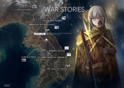  absurdres battlefield_(series) battlefield_1 blood blood_on_face bolt_action english_commentary english_text fake_screenshot female girls&#039;_frontline gloves gun highres historical_event holding holding_gun holding_weapon korea korean_war m1917_enfield macayase military_combat_uniform military_uniform multicolored_eyes rifle war weapon white_hair 