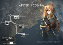  absurdres battlefield_(series) battlefield_1 bolt_action brown_hair english_commentary english_text fake_screenshot female girls&#039;_frontline gloves green_eyes gun hair_between_eyes handgun highres historical_event holding holding_gun holding_weapon holster korea korean_war m1903_springfield m1911 macayase military_combat_uniform military_uniform rifle shoulder_holster sidelocks_tied_back springfield_(girls&#039;_frontline) weapon 