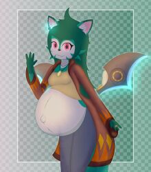  2026 4_fingers absurd_res ahoge anthro checkered checkered_background clothed clothing digital_drawing_(artwork) digital_media_(artwork) english_description female fingers fur gesture gloves_(marking) gold_ring green_background green_body green_fur green_hair hair hi_res humanoid_hands inner_ear_fluff long_hair looking_at_viewer markings navel nika_(zedtonez) outie_navel pattern_background pink_inner_ear pregnant pregnant_anthro pregnant_female raised_clothing raised_topwear red_eyes simple_background solo standing topwear tuft waving waving_at_viewer white_body white_fur white_inner_ear_fluff wings yellow_clothing yellow_topwear zedtonez 