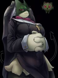  anthro big_breasts biped breasts clothed clothing eyelashes felid feline female feral fur generation_9_pokemon green_body green_fur hi_res jewelry looking_at_viewer mammal mask meowscarada mimideu64931 necklace nintendo nun nun_outfit pokemon pokemon_(species) quadruped red_eyes religious_clothing simple_background solo spade_tail sprigatito standing tail 