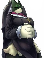  2026 anthro big_breasts biped black_clothing breasts closed_eyes clothed clothing felid feline female fur generation_9_pokemon green_body green_fur hi_res jewelry mammal mask meowscarada mimideu64931 necklace nintendo nun nun_outfit pokemon pokemon_(species) religious_clothing simple_background solo standing topwear 