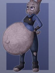  2026 anthro belly big_belly clothing digital_drawing_(artwork) digital_media_(artwork) disney english_description female fur grey_body grey_fur hand_on_hip hand_on_own_hip hi_res huge_belly humanoid_hands hyper hyper_belly hyper_pregnancy judy_hopps navel outie_navel pink_inner_ear pink_nose police police_badge police_officer police_uniform pregnant pregnant_anthro pregnant_female purple_eyes raised_top solo uniform zedtonez zootopia 